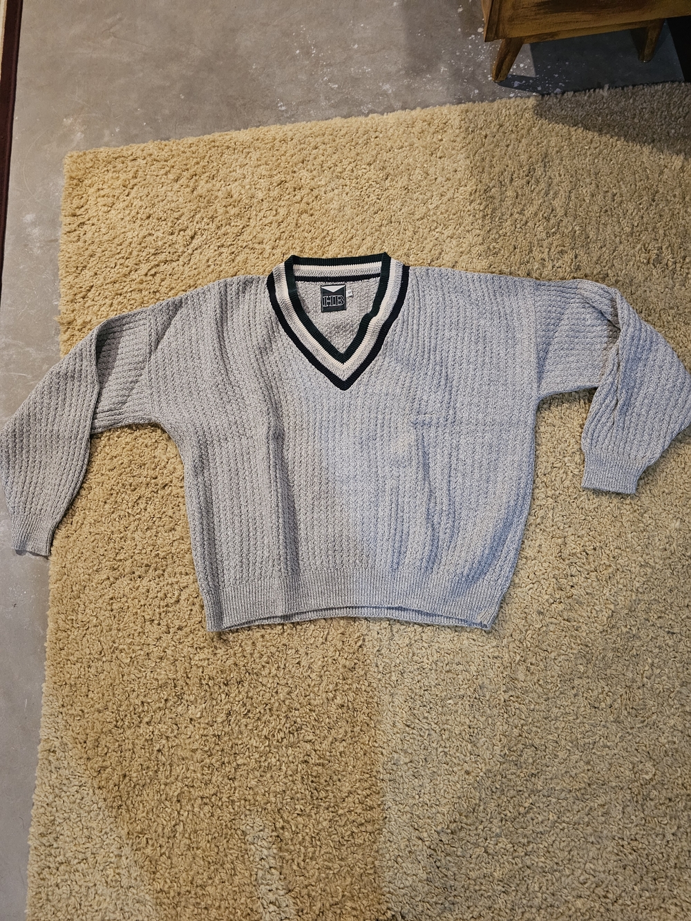 Harbor Bay Light Gray V-Neck Sweater with Black Trim